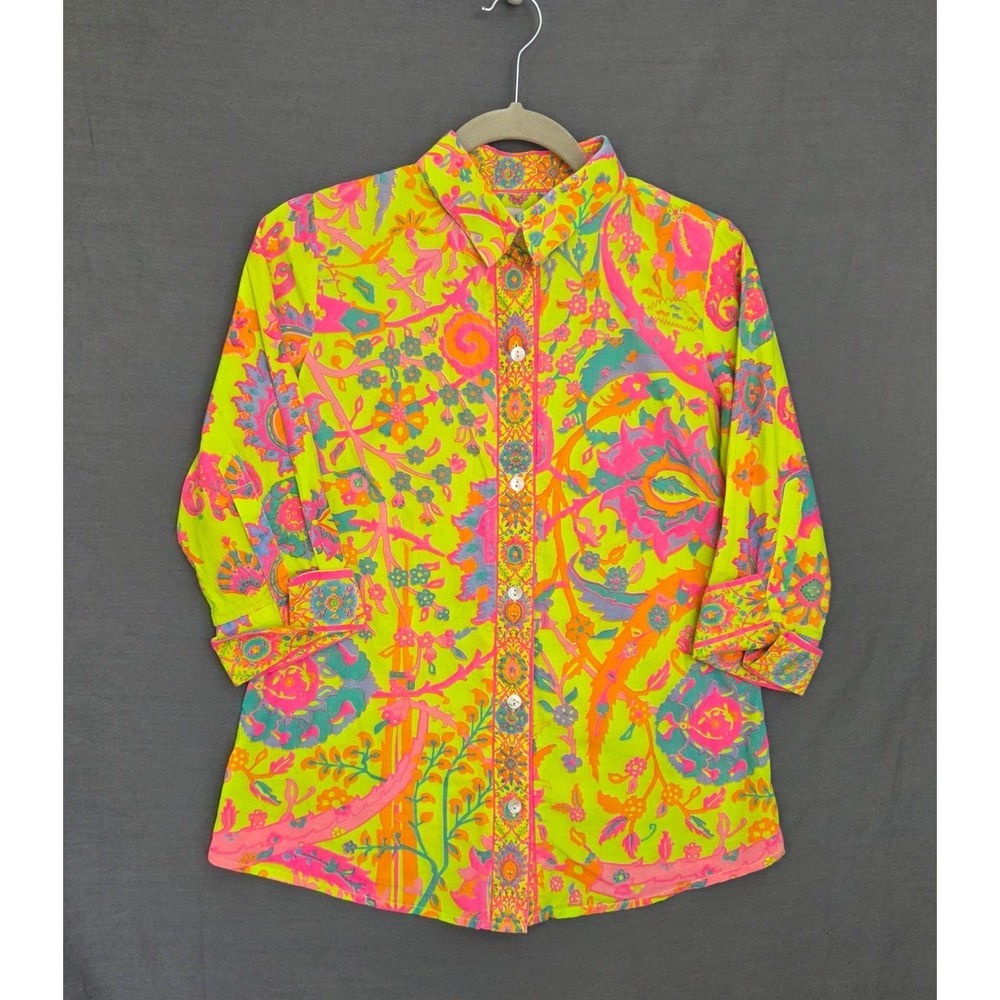 Gretchen Scott Neon Floral Cotton Button Down Shirt XS (tagged) measures S Pink